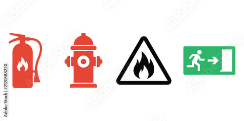 Foto Fire safety and emergency exit sign icons set with extinguisher emergency protec