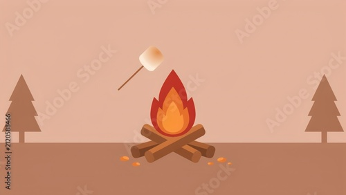Cute campfire with roasted marshmallow and pine trees in flat vector style with illustration campfire
