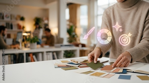 Creative designer selects color swatches for a branding project in a modern collaborative office space.
