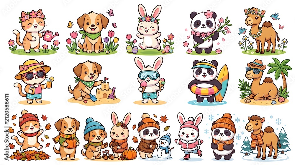 Obraz premium Cute Cartoon Animals Seasonal Collection - Spring Summer Autumn Winter Set