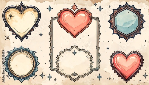 Set of pixel art frames and borders with hearts and circular shapes, vintage style