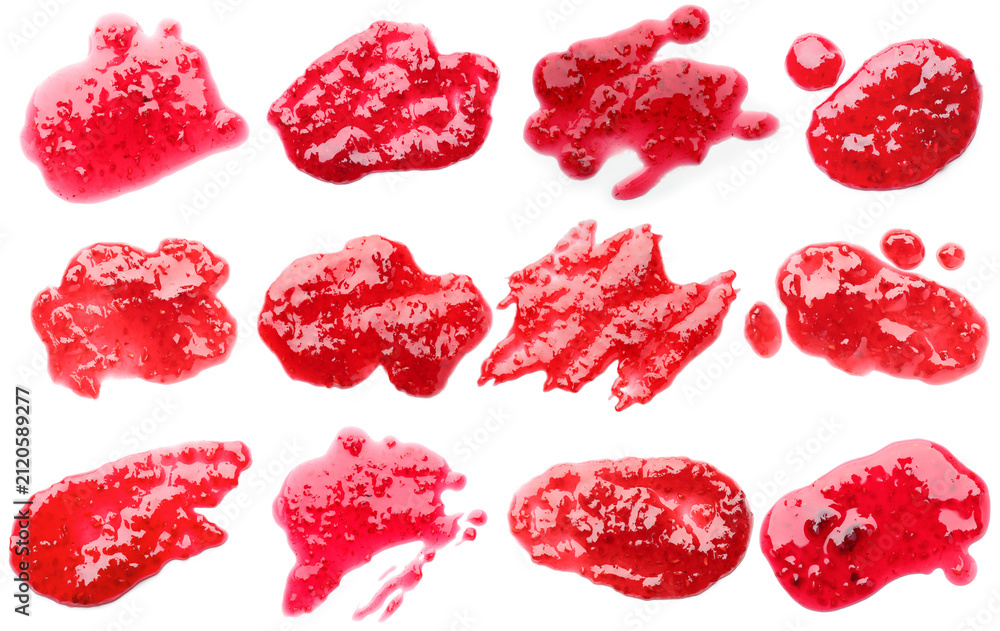 Fototapeta premium Raspberry jam on white background, set. Top view