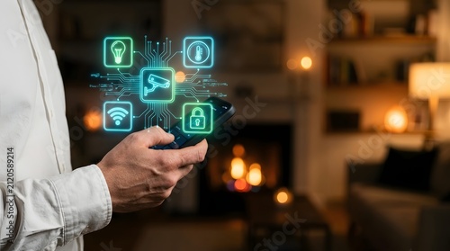 Smartphone user manages a smart home ecosystem through an augmented reality control panel interface.
