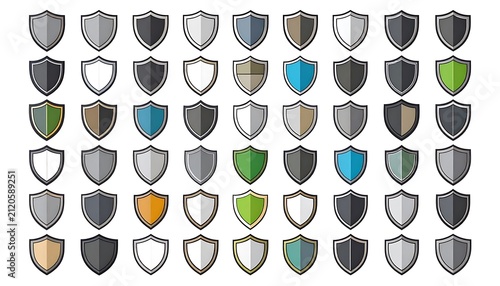 Set of pixel art shields with various colors and designs, simple security icons, digital protection elements