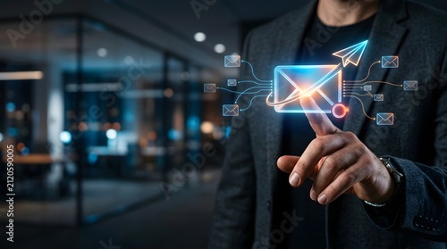 Professional executive manages his digital messaging system through an interactive holographic email display.