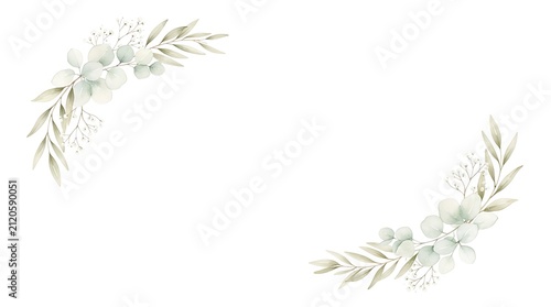 Elegant watercolor wreath frame with delicate green eucalyptus leaves and soft botanical branches on white background