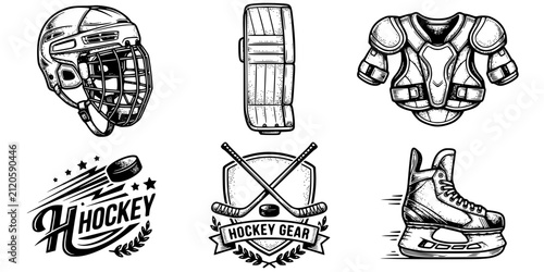 Photography Ice Hockey Equipment Engraving Black White-Helmet Pad Shoulder Skate Blade-Gear