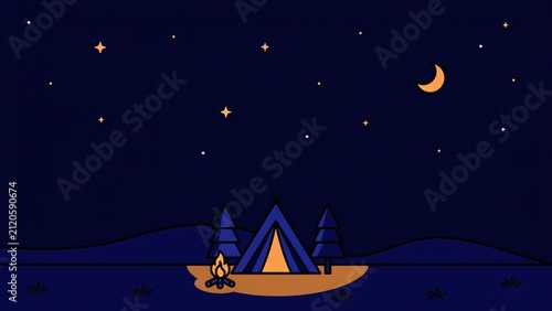 Night camping illustration with tent campfire trees moon stars hills vector art with camping scene flat vector