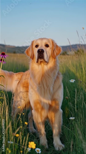 Golden retriever dog standing proudly in a sunlit meadow with subtle natural movements in cinematic 3D CGI animation ideal for pet lifestyle concepts