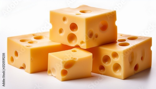 cubed swiss cheese pieces with holes on white background