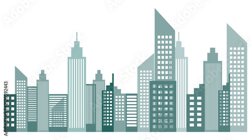 Flat city skyline silhouette with layered skyscrapers, rectangular windows, and varying heights in teal tones