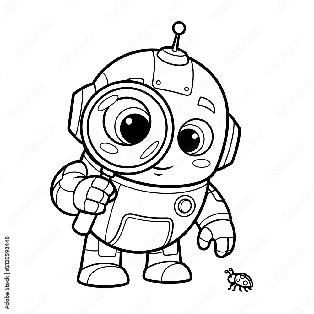 Fototapeta premium Cute robot character exploring with a magnifying glass, black and white outline for coloring funny turtle cartoon