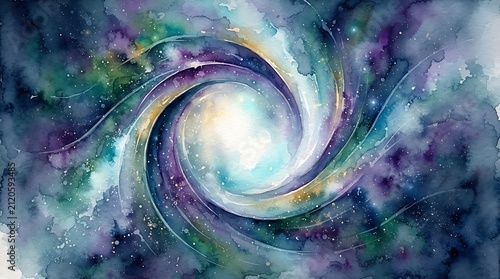 Abstract watercolor painting featuring a swirling galaxy vortex with vibrant blue purple and teal cosmic colors