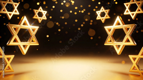 Golden Star of David symbols against a black background with, creating a vibrant visual effect for religious or cultural themes Jewish with space for text