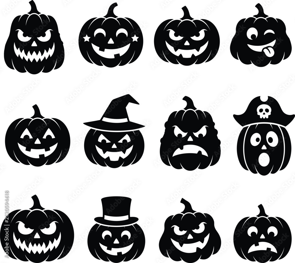 Obraz premium Pumpkin Silhouettes With Various Expressions Black On White Background
