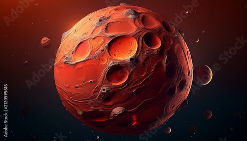 red rocky planet sphere with craters and desert surface