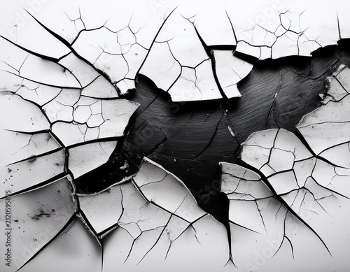 black grunge crack overlays with rough broken edges on white background