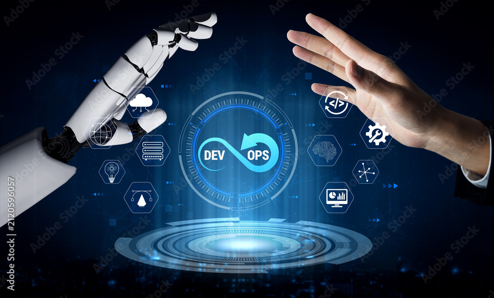 Fototapeta premium Futuristic Collaboration Between Human Hand and Robotic Arm in DevOps Concept Depicting Technology and Innovation in Modern Business Environment Quark.