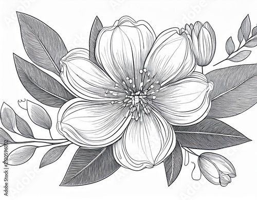 delicate floral sketch blossoms and leaves in line art style
