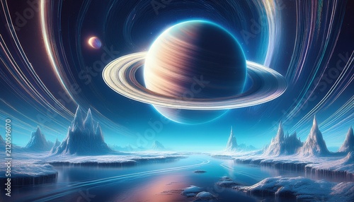 saturn planet with rings in a cosmic icy landscape