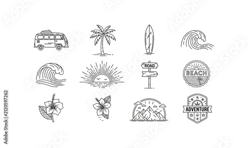 Summer beach and surfing line art icon collection.