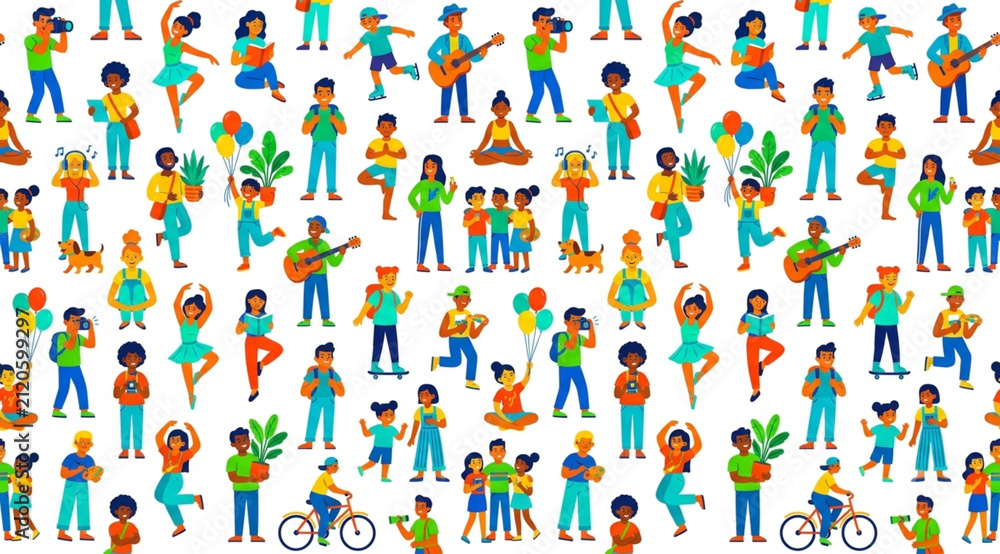 A seamless pattern featuring active people of various professions and hobbies, flat vector illustration.
Perfect for textiles, wallpaper, stationery, packaging, and digital design projects.