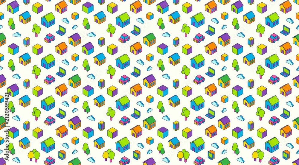 Isometric seamless pattern of colorful tiny houses, cars, tech gadgets, and trees with flat vector illustration. Ideal for wallpaper, packaging, and textiles.