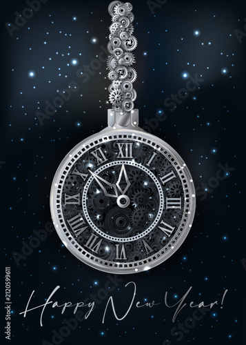 New 2027 Year steampunk  banner with silver clock and gears, vector illustration.