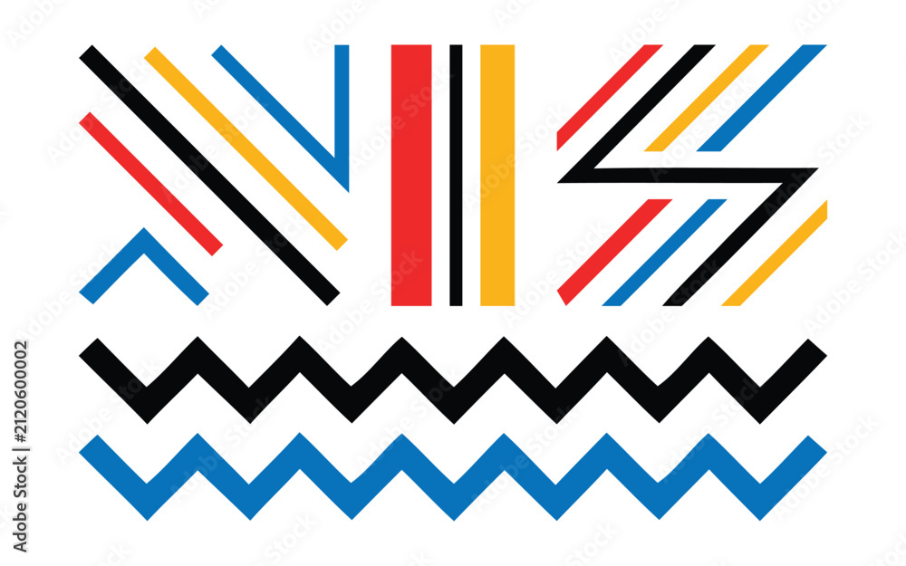 Fototapeta premium Abstract geometric background featuring colorful diagonal, vertical and zigzag line elements on a clean white background. 