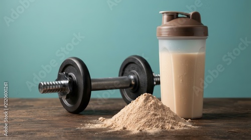 Fitness supplements including protein powder and a shaker bottle for an active lifestyle.