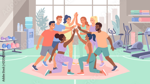Bild auf Leinwand Diverse group of fitness enthusiasts celebrating high-five in gym