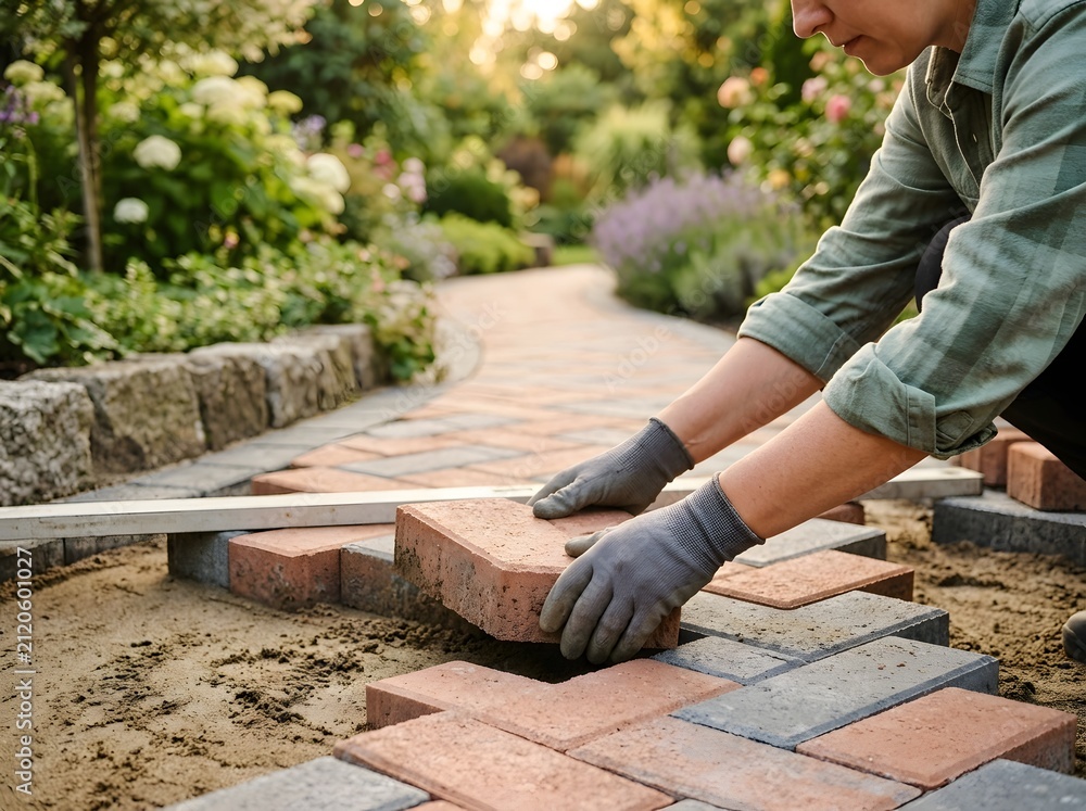 Fototapeta premium Landscaper Installing Red Paving Bricks on Sand Bed for Garden Walkway Path