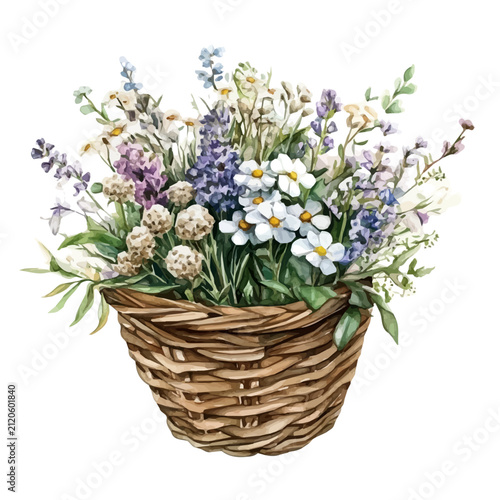 Bild auf Leinwand watercolor of Bachelors Button Bouquet In A Basket draw illustration, isolated on a white background