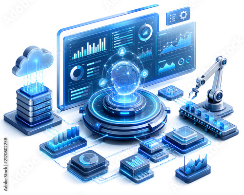 3D Futuristic Global Network Technology with Data Analytics Dashboard Cloud Server and Robotic Arm