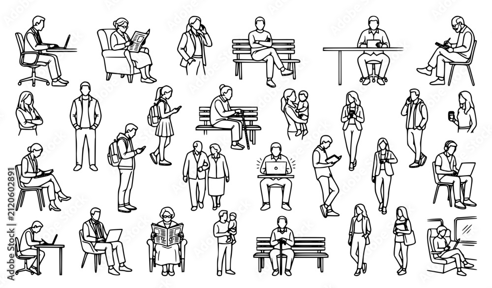 Naklejka premium Minimal Contour People Silhouette Icon Pack for Architecture and Interior Design