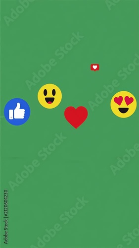 Animated social media reaction icons floating upward on a bright green screen in a seamless loop, ideal for video editing and digital marketing backgrounds.
