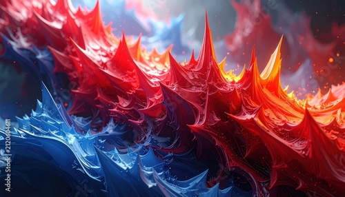 Abstract blue and red crystal fire splash.