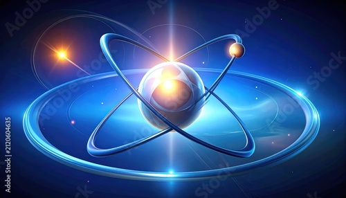 Abstract blue atomic structure with glowing energy rings.