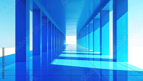Abstract blue corridor with geometric pillars and sunlight.