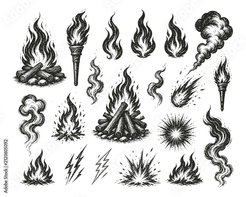 Vintage hand drawn fire and flame vector set, engraved bonfire and torch icons, black and white woodcut smoke and explosion elements