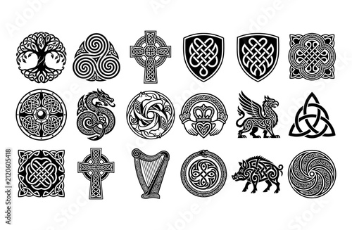 Celtic knot symbols and Irish heritage icons set, 18 black vector illustrations including tree of life, dragon, cross, and harp for tattoo design