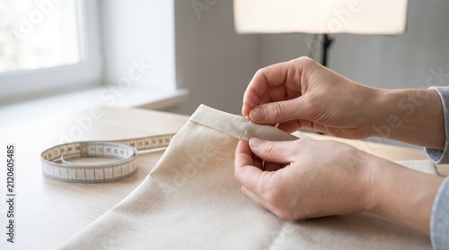Hands sewing a hem on light fabric with a needle next to a measuring tape