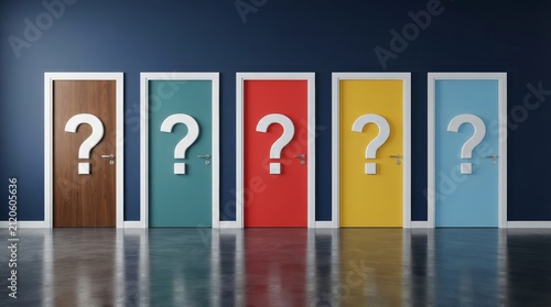 A person faces multiple paths and decisions with five colored doors featuring question marks.