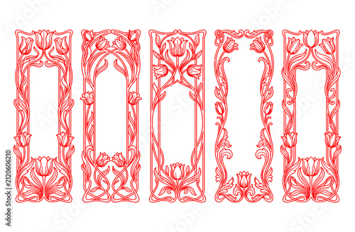 Art Nouveau floral frames set, red vintage tulip borders vector, elegant organic line art decorative panels for wedding invitations and stationery