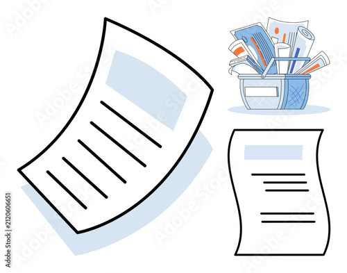 Document paper sheet and shopping basket with files vector illustration. Office work, business administration, data management, online shopping, paperwork, organization. Stationery page icon