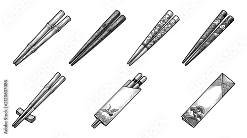 Set of Traditional Japanese Chopsticks in Vintage Engraving Style, Isolated Vector Illustration of Asian Cutlery