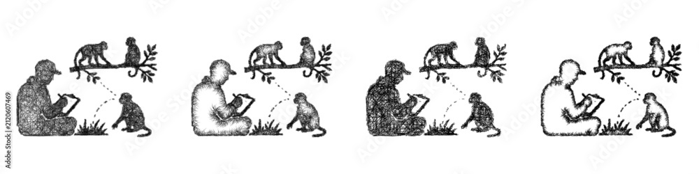 Fototapeta premium Sketch animal behavior study icon design set