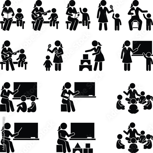 Set of preschool teacher and student icons showing classroom activities like reading, music, and playing with building blocks