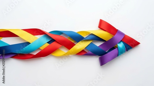 Diverse strands of vibrant ribbons merge to represent partnership and shared direction.