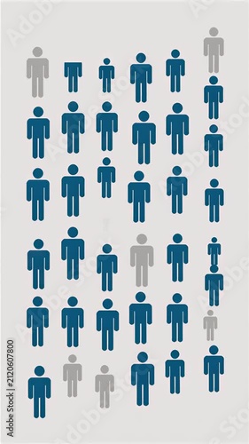 Blue and grey stylized people icons populating a white canvas row by row in flat vector animation, illustrating demographics growth for business presentations